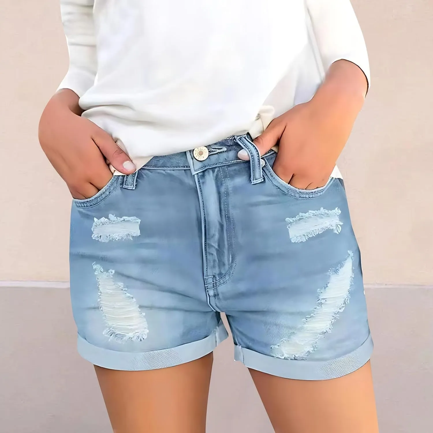 Women's High Waisted Rolled Hem Distressed Jeans Ripped Denim Shorts Casual Frayed Short Jeans with Pockets