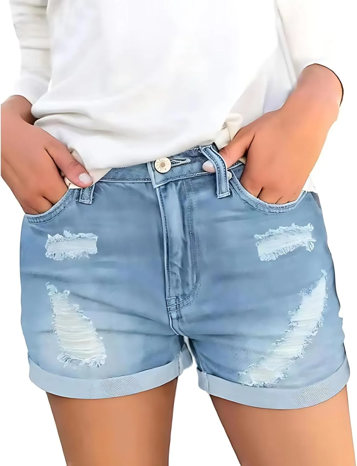 Women's High Waisted Rolled Hem Distressed Jeans Ripped Denim Shorts Casual Frayed Short Jeans with Pockets