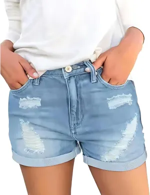 Women's High Waisted Rolled Hem Distressed Jeans Ripped Denim Shorts Casual Frayed Short Jeans with Pockets