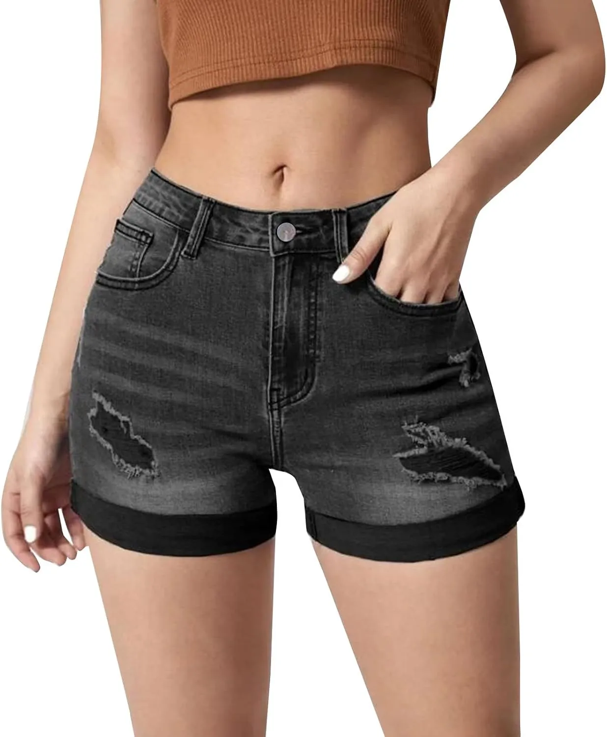 Women's High Waisted Rolled Hem Distressed Jeans Ripped Denim Shorts Casual Frayed Short Jeans with Pockets