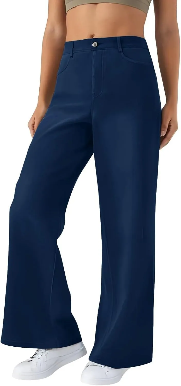 Womens Jeans Lounge Elastic Waist Loose Wide Leg Jeans Lightweight Summer Straight Comfortable Denim Pants with Pockets