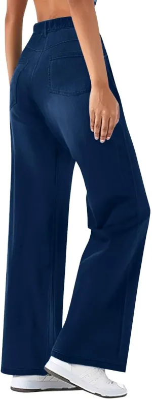 Womens Jeans Lounge Elastic Waist Loose Wide Leg Jeans Lightweight Summer Straight Comfortable Denim Pants with Pockets