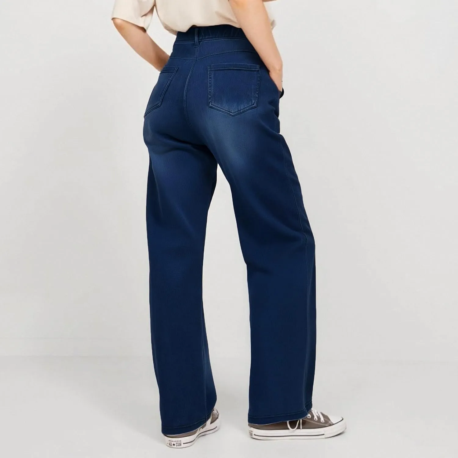 Womens Jeans Lounge Elastic Waist Loose Wide Leg Jeans Lightweight Summer Straight Comfortable Denim Pants with Pockets