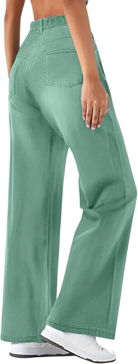 Womens Jeans Lounge Elastic Waist Loose Wide Leg Jeans Lightweight Summer Straight Comfortable Denim Pants with Pockets