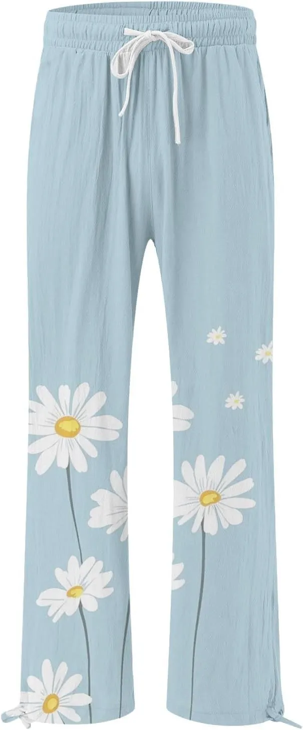 Women's Linen Pants Summer Casual Palazzo Floral Beach Pant Drawstring High Waist Wide Leg Flowy Vacation Trousers