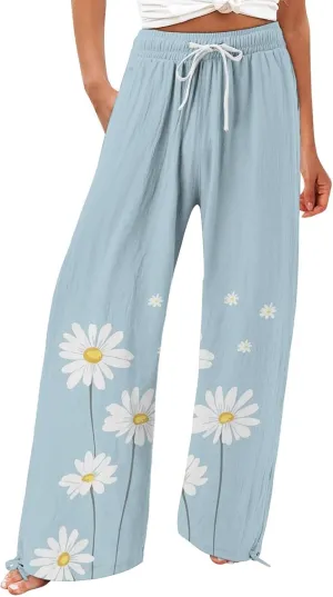 Women's Linen Pants Summer Casual Palazzo Floral Beach Pant Drawstring High Waist Wide Leg Flowy Vacation Trousers