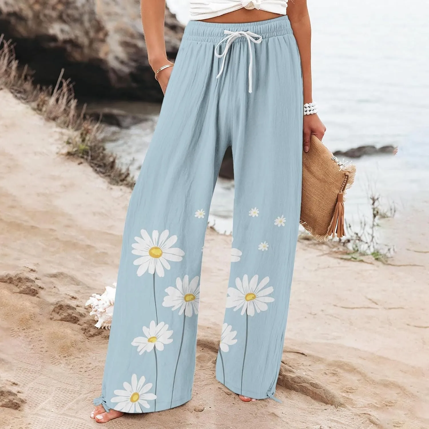 Women's Linen Pants Summer Casual Palazzo Floral Beach Pant Drawstring High Waist Wide Leg Flowy Vacation Trousers