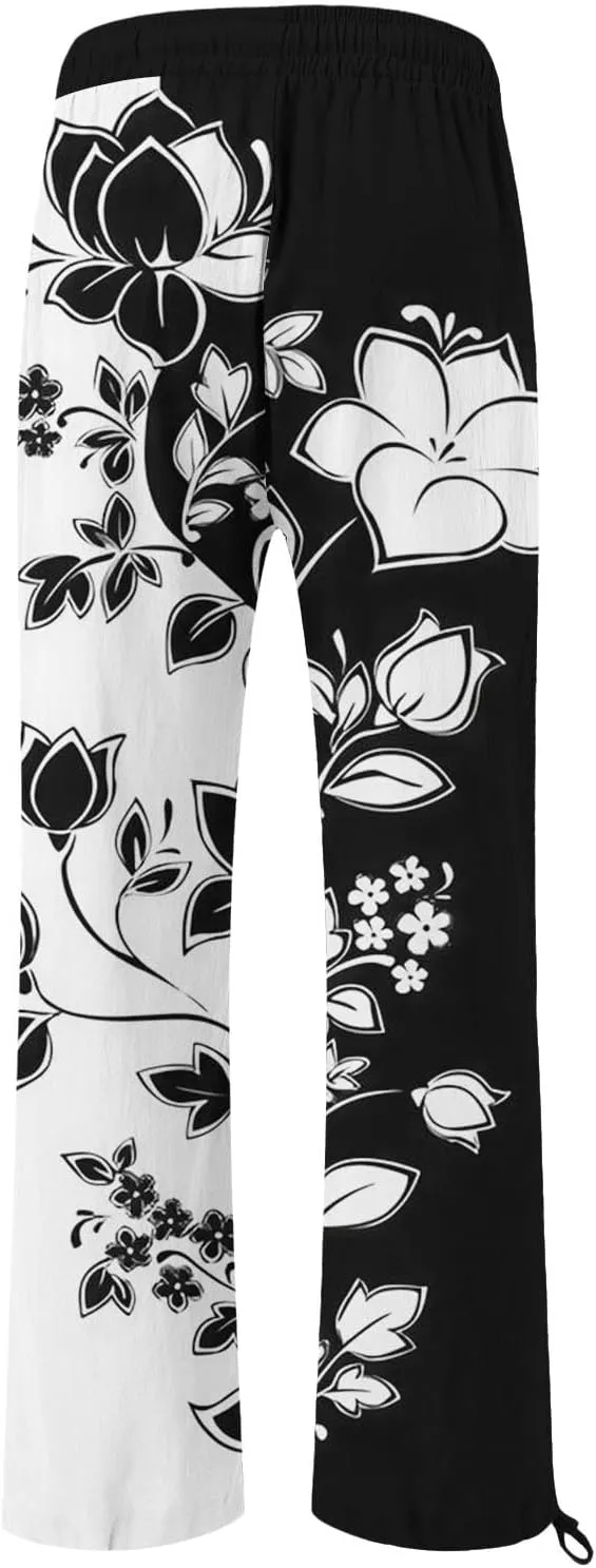 Women's Linen Pants Summer Casual Palazzo Floral Beach Pant Drawstring High Waist Wide Leg Flowy Vacation Trousers