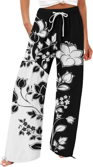 Women's Linen Pants Summer Casual Palazzo Floral Beach Pant Drawstring High Waist Wide Leg Flowy Vacation Trousers