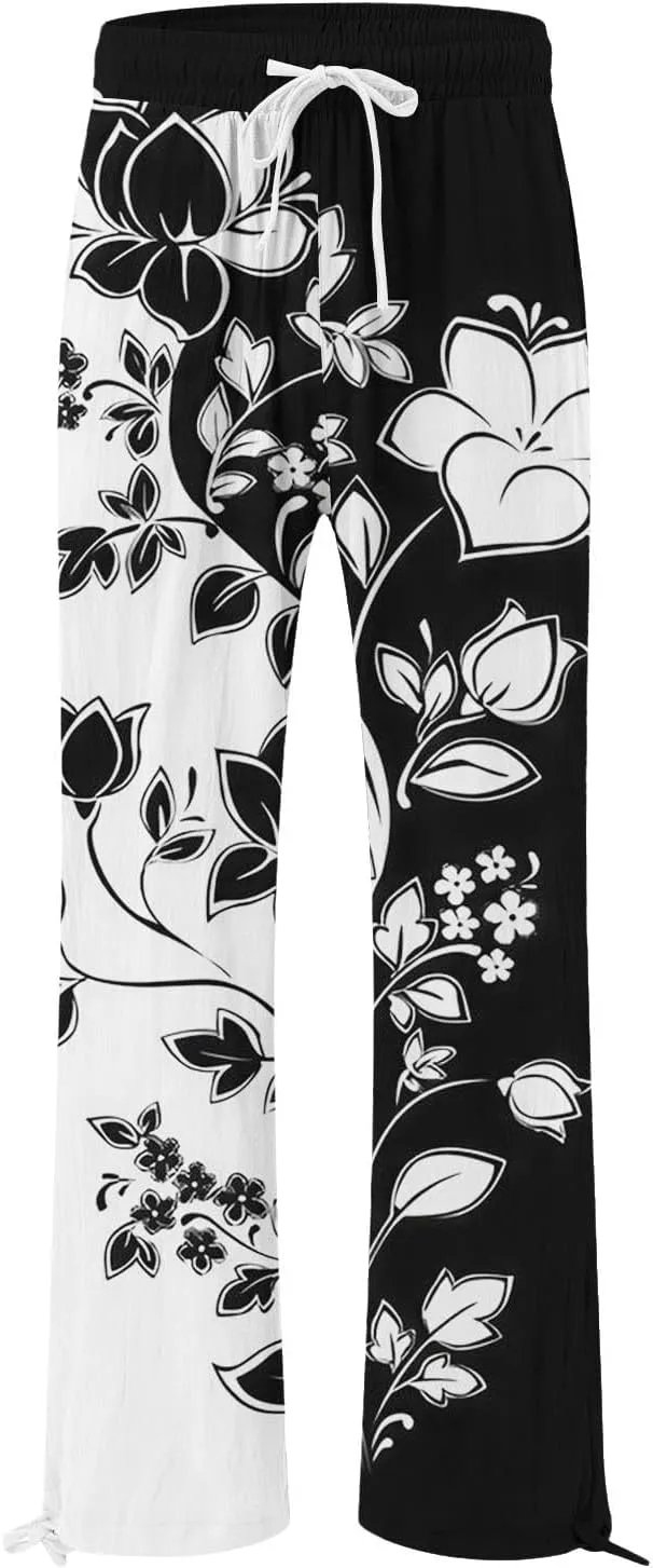 Women's Linen Pants Summer Casual Palazzo Floral Beach Pant Drawstring High Waist Wide Leg Flowy Vacation Trousers