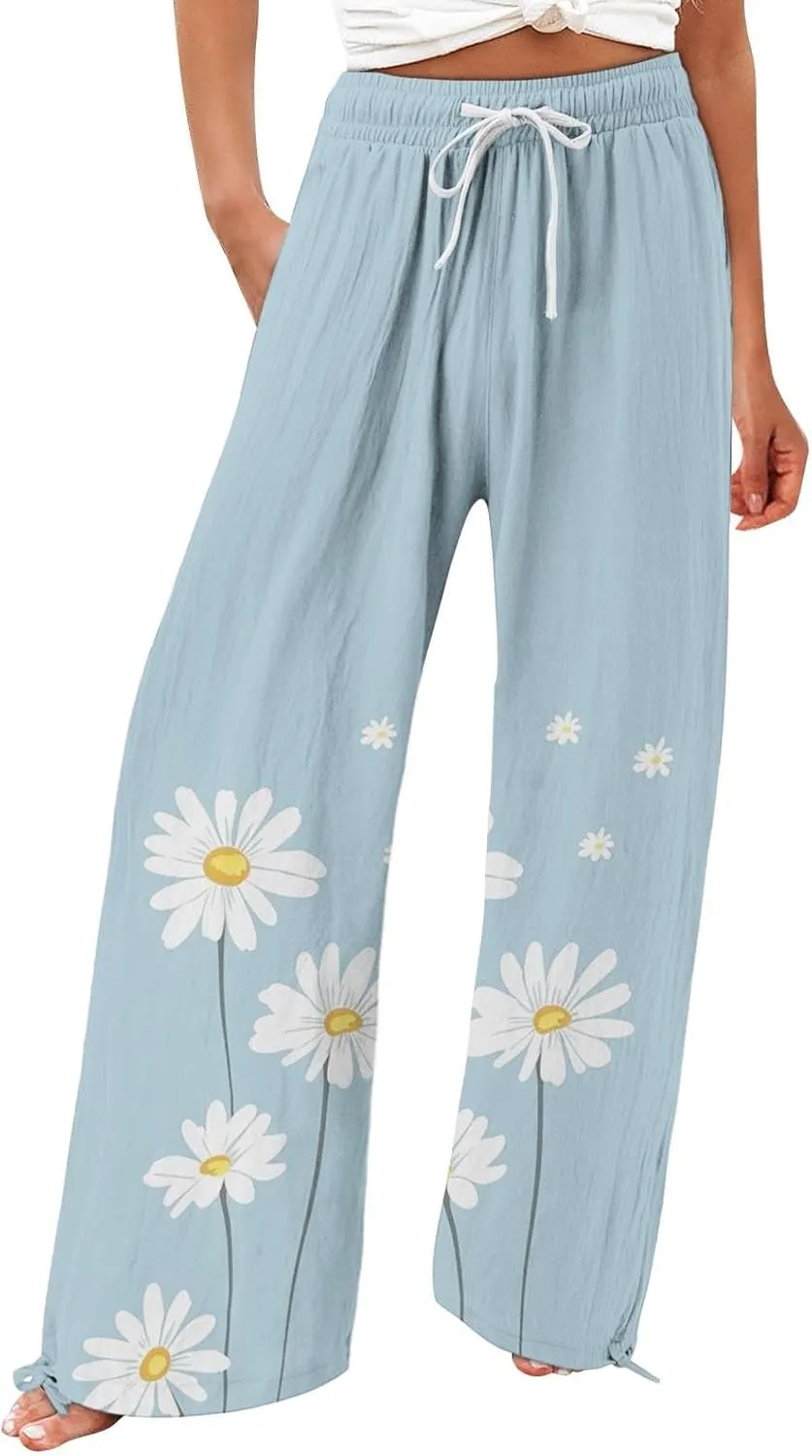 Women's Linen Pants Summer Casual Palazzo Floral Beach Pant Drawstring High Waist Wide Leg Flowy Vacation Trousers