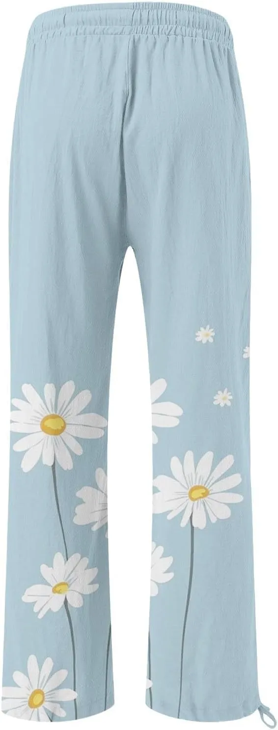 Women's Linen Pants Summer Casual Palazzo Floral Beach Pant Drawstring High Waist Wide Leg Flowy Vacation Trousers