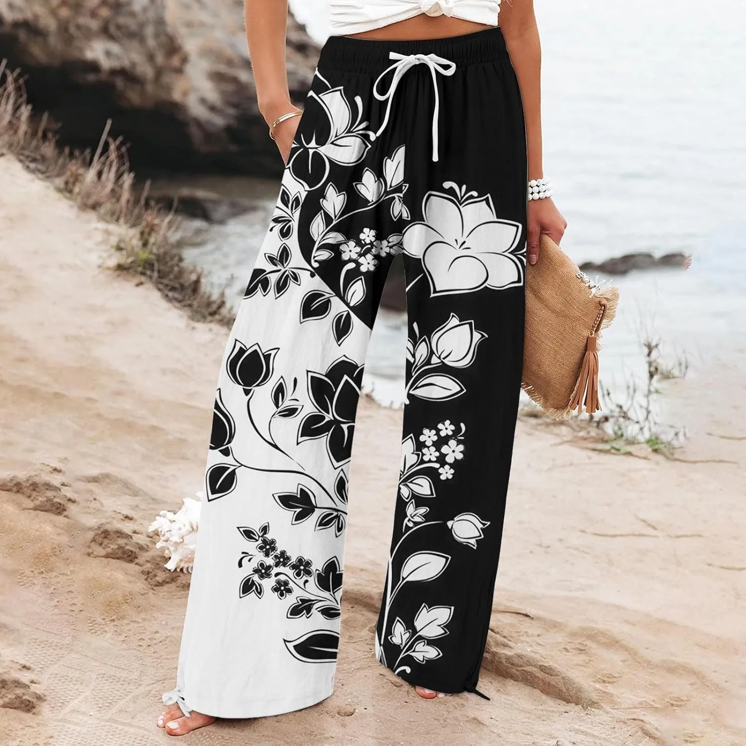 Women's Linen Pants Summer Casual Palazzo Floral Beach Pant Drawstring High Waist Wide Leg Flowy Vacation Trousers