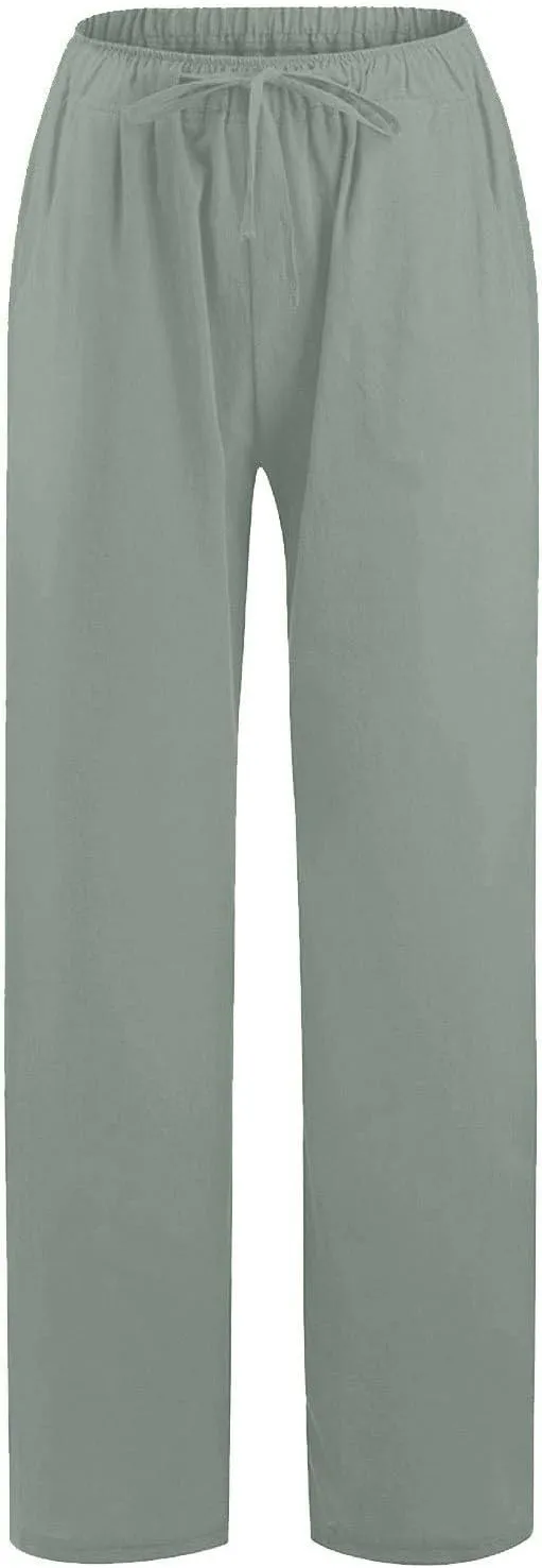Womens Linen Pants with Pockets Summer Casual High Waisted Lounge Baggy Wide Leg Pants Beach Vacation Clothes