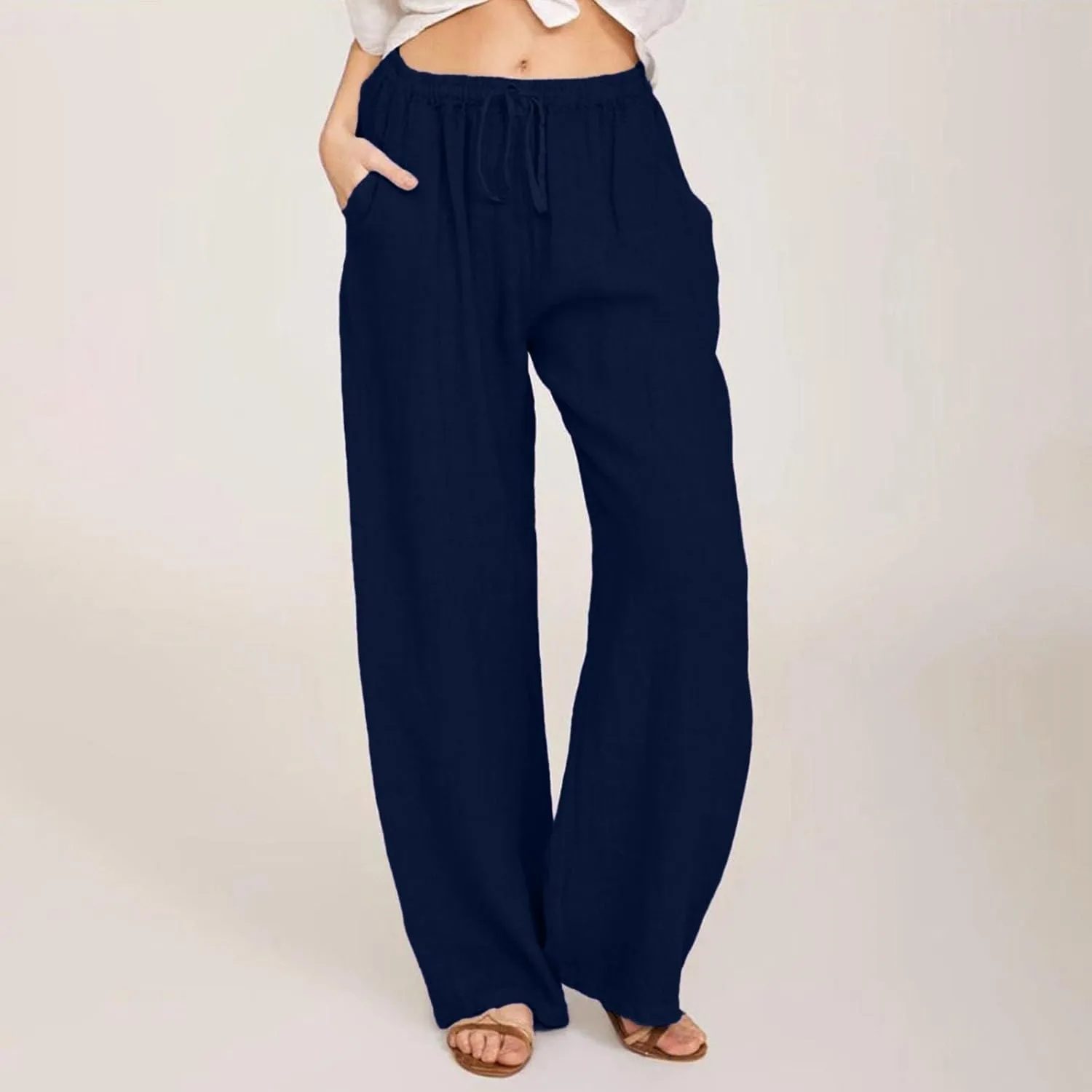 Womens Linen Pants with Pockets Summer Casual High Waisted Lounge Baggy Wide Leg Pants Beach Vacation Clothes