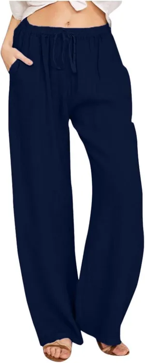 Womens Linen Pants with Pockets Summer Casual High Waisted Lounge Baggy Wide Leg Pants Beach Vacation Clothes
