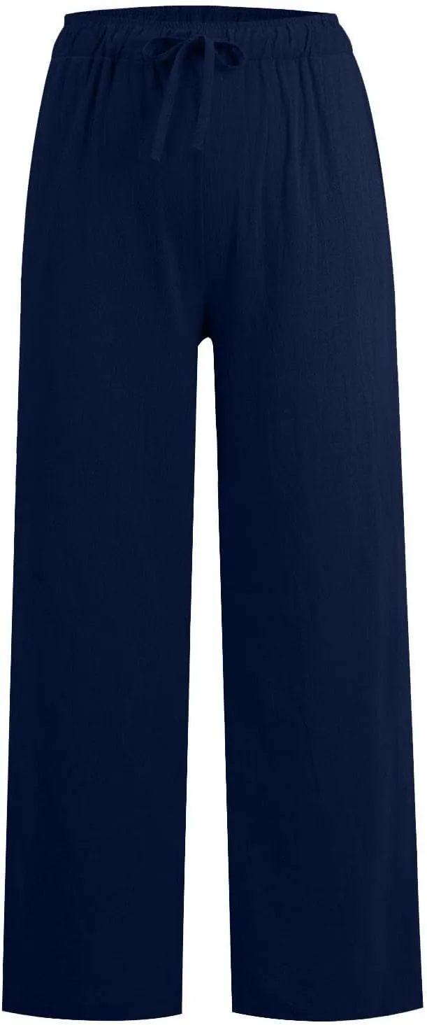 Womens Linen Pants with Pockets Summer Casual High Waisted Lounge Baggy Wide Leg Pants Beach Vacation Clothes