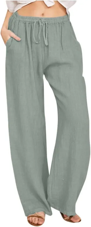 Womens Linen Pants with Pockets Summer Casual High Waisted Lounge Baggy Wide Leg Pants Beach Vacation Clothes