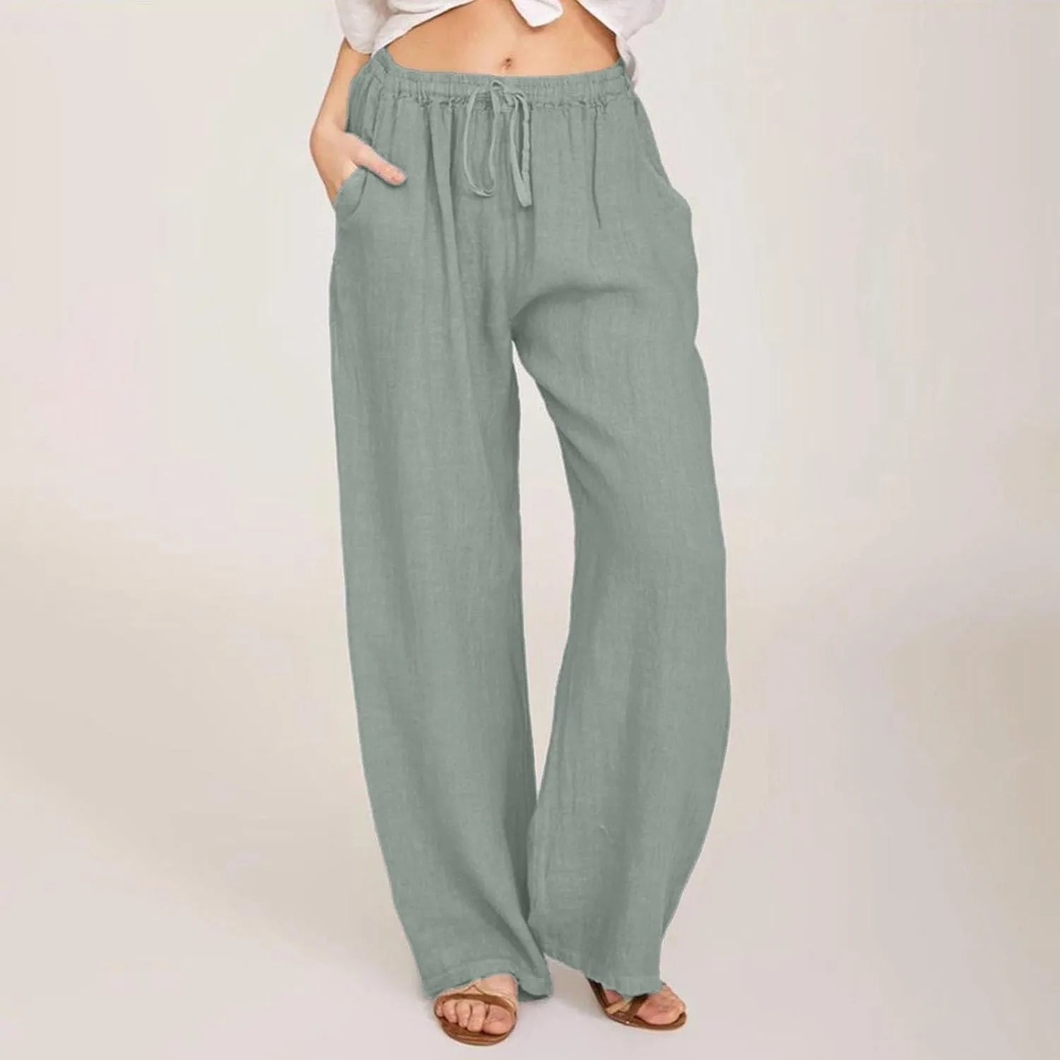 Womens Linen Pants with Pockets Summer Casual High Waisted Lounge Baggy Wide Leg Pants Beach Vacation Clothes