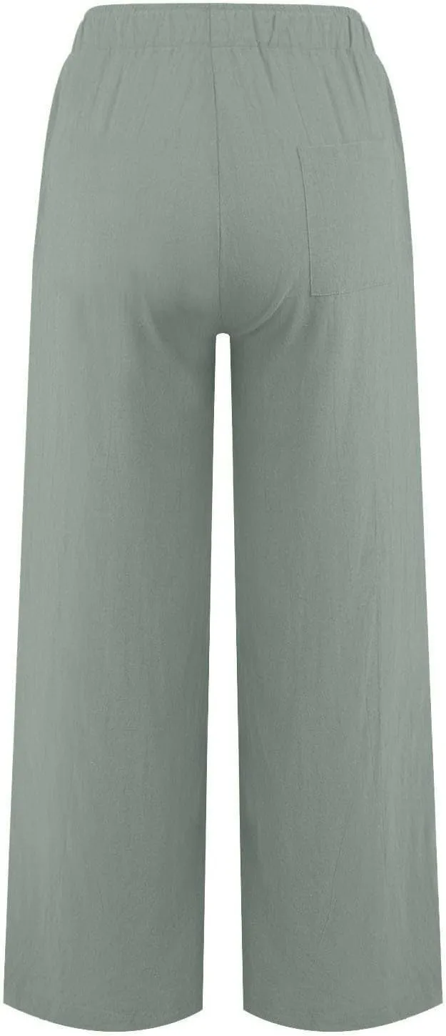 Womens Linen Pants with Pockets Summer Casual High Waisted Lounge Baggy Wide Leg Pants Beach Vacation Clothes