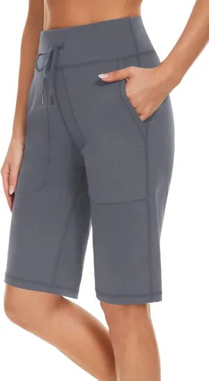 Women's Long Shorts 12" Knee Length Running Athletic High Waist Deep Pockets Quick Dry Loose Fit