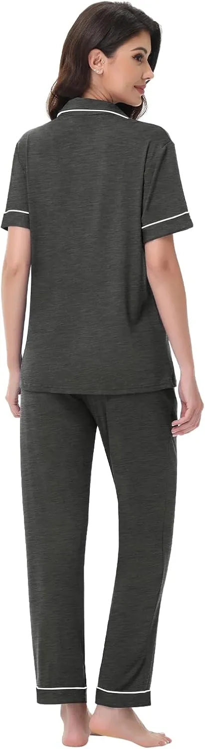 Womens Modal Pajama Set 2 Piece Soft Lounge Set Short Sleeve Button Up Pajama Comfy Pj Pants With Pockets S-3XL
