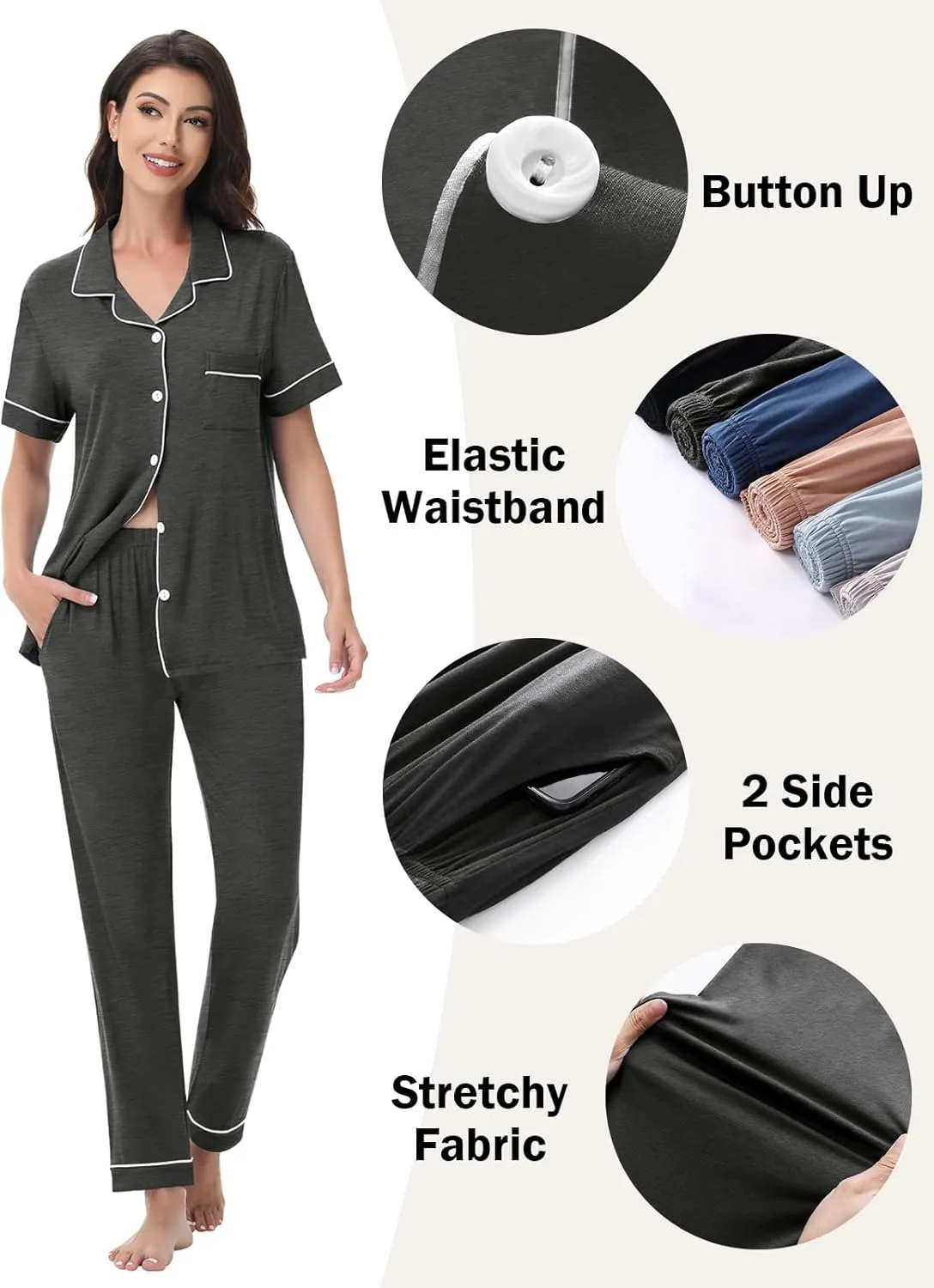 Womens Modal Pajama Set 2 Piece Soft Lounge Set Short Sleeve Button Up Pajama Comfy Pj Pants With Pockets S-3XL
