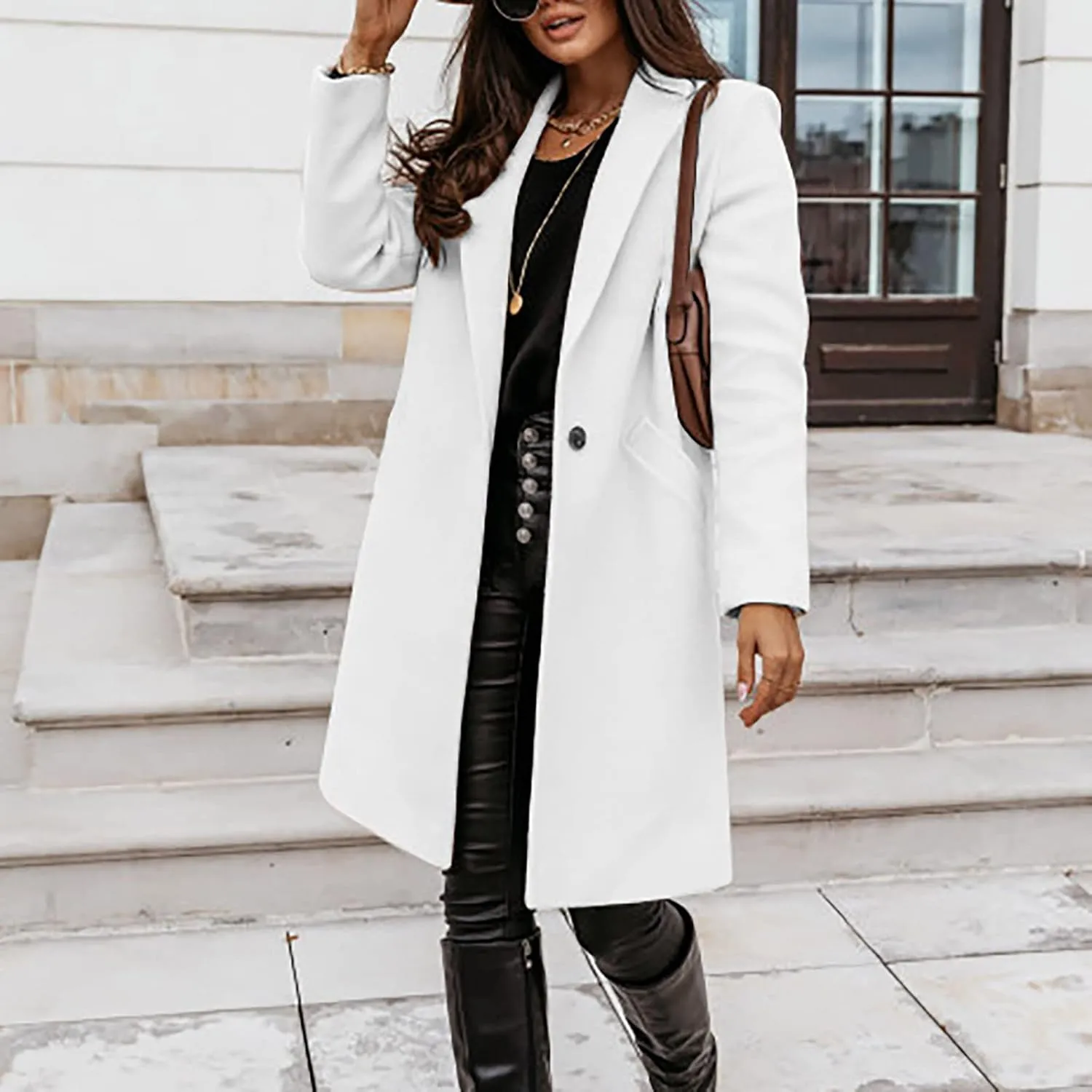 Women's Notched Lapel Wool Coat Single Breasted Pea Coat Winter Wool Blend Blazer Jacket Fashion Work Solid Overcoat