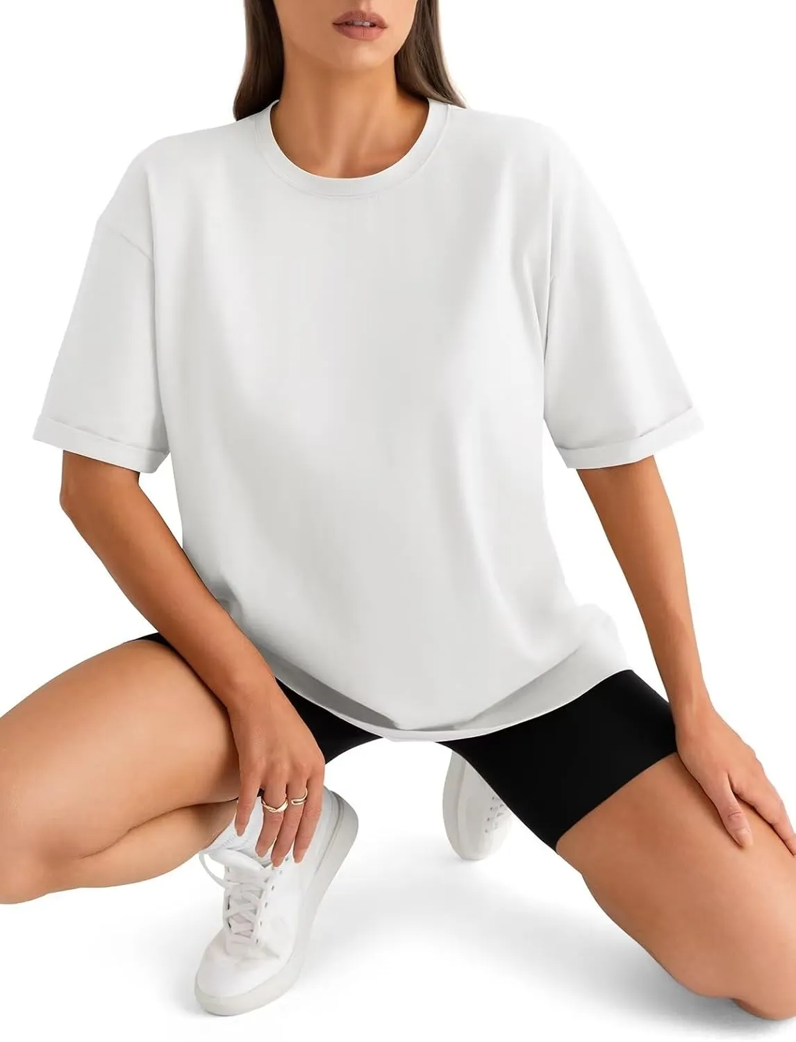 Womens Oversized T Shirts Loose Fit Crewneck Short Sleeve Tops Folded Sleeve Basic Tee 2025 Spring Summer Tops