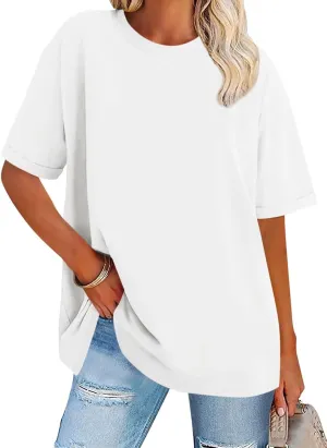 Womens Oversized T Shirts Loose Fit Crewneck Short Sleeve Tops Folded Sleeve Basic Tee 2025 Spring Summer Tops