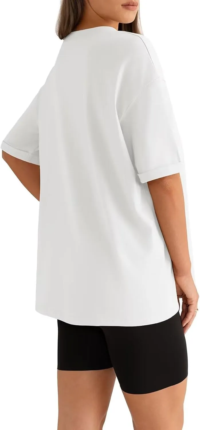 Womens Oversized T Shirts Loose Fit Crewneck Short Sleeve Tops Folded Sleeve Basic Tee 2025 Spring Summer Tops