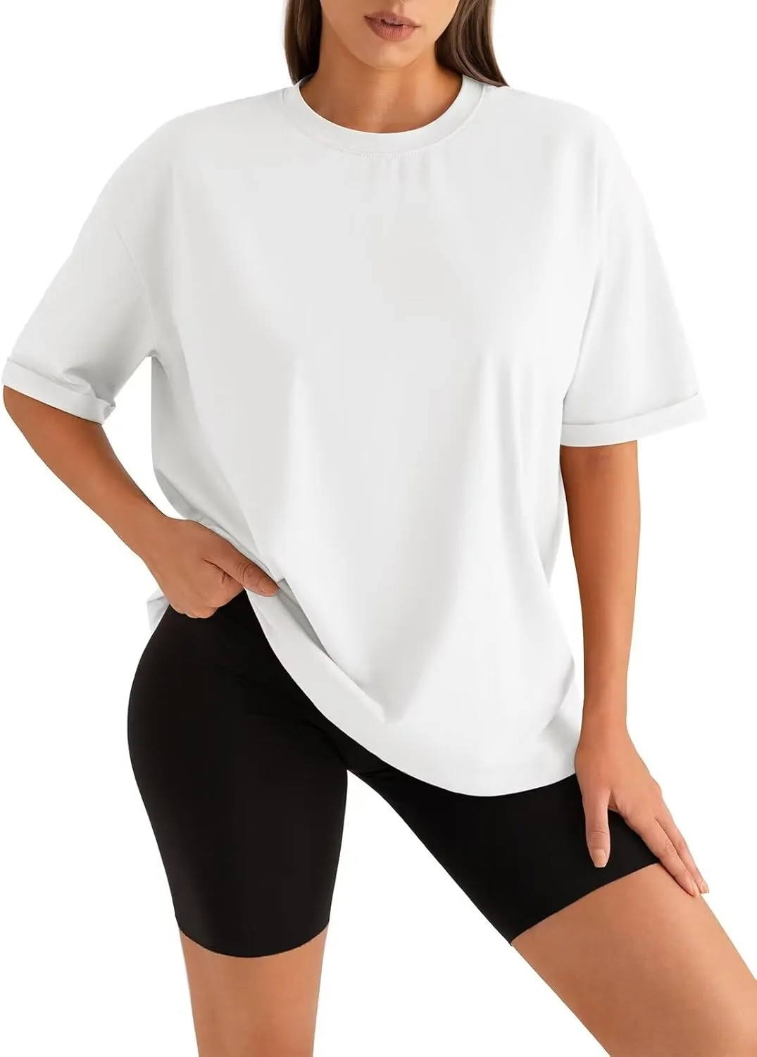 Womens Oversized T Shirts Loose Fit Crewneck Short Sleeve Tops Folded Sleeve Basic Tee 2025 Spring Summer Tops