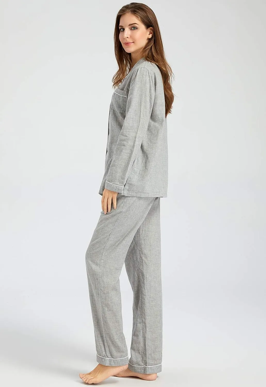 Women's Pajama Set 100% Double Gauze Cotton Linen Like Super Soft Comfy Lightweight Button Down Sleepwear