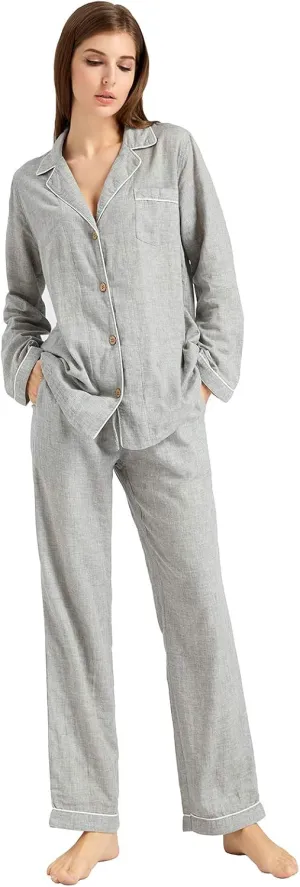 Women's Pajama Set 100% Double Gauze Cotton Linen Like Super Soft Comfy Lightweight Button Down Sleepwear