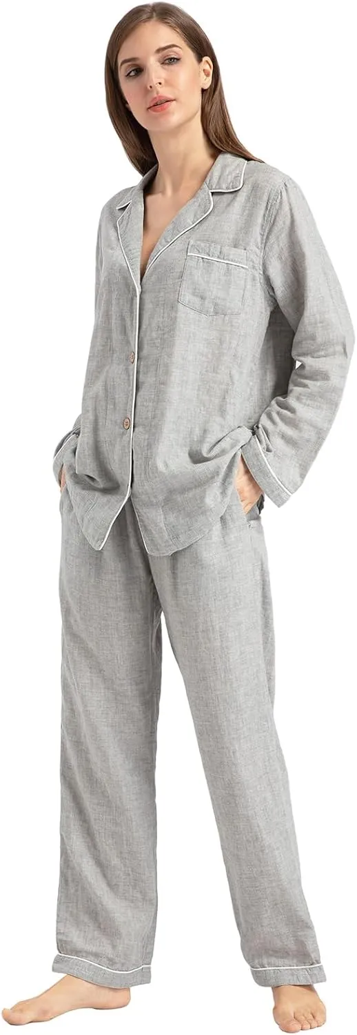 Women's Pajama Set 100% Double Gauze Cotton Linen Like Super Soft Comfy Lightweight Button Down Sleepwear