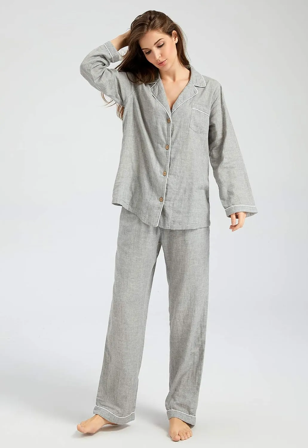 Women's Pajama Set 100% Double Gauze Cotton Linen Like Super Soft Comfy Lightweight Button Down Sleepwear