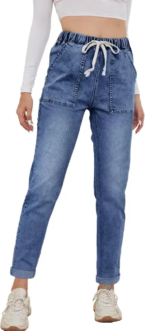 Womens Pull-on Jeans Stretch High Waisted Elastic Waist Jeans for Women Denim Joggers Pants