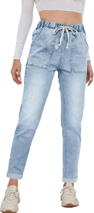 Womens Pull-on Jeans Stretch High Waisted Elastic Waist Jeans for Women Denim Joggers Pants