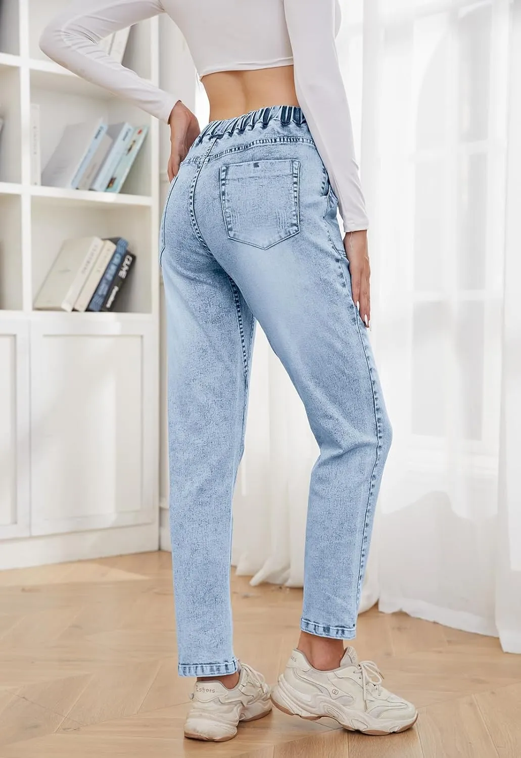 Womens Pull-on Jeans Stretch High Waisted Elastic Waist Jeans for Women Denim Joggers Pants