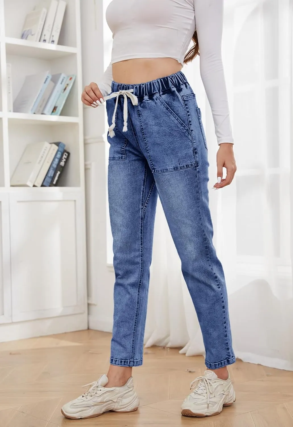 Womens Pull-on Jeans Stretch High Waisted Elastic Waist Jeans for Women Denim Joggers Pants