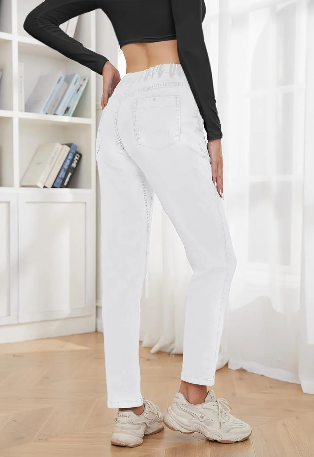 Womens Pull-on Jeans Stretch High Waisted Elastic Waist Jeans for Women Denim Joggers Pants