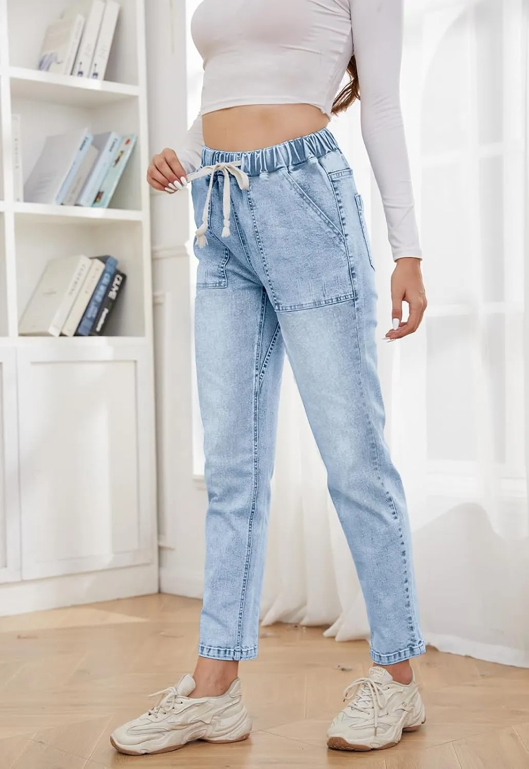 Womens Pull-on Jeans Stretch High Waisted Elastic Waist Jeans for Women Denim Joggers Pants
