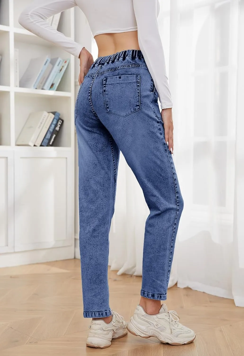 Womens Pull-on Jeans Stretch High Waisted Elastic Waist Jeans for Women Denim Joggers Pants