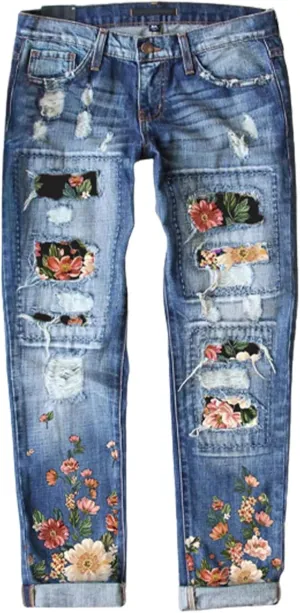 Women's Ripped Jeans Straight Leg Boyfriend Jeans Skinny Stretch Butt Lifting Jeans Slim Fit Denim Pants