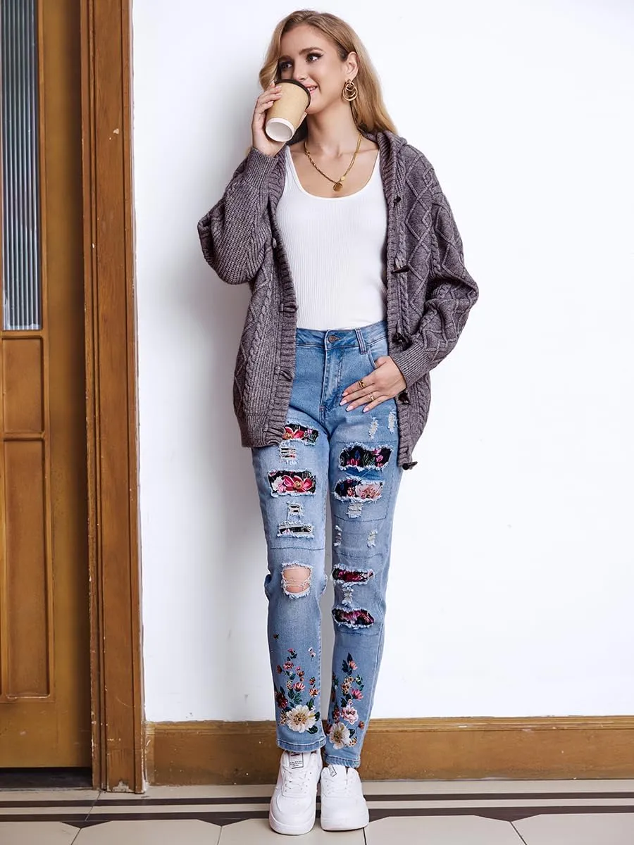 Women's Ripped Jeans Straight Leg Boyfriend Jeans Skinny Stretch Butt Lifting Jeans Slim Fit Denim Pants
