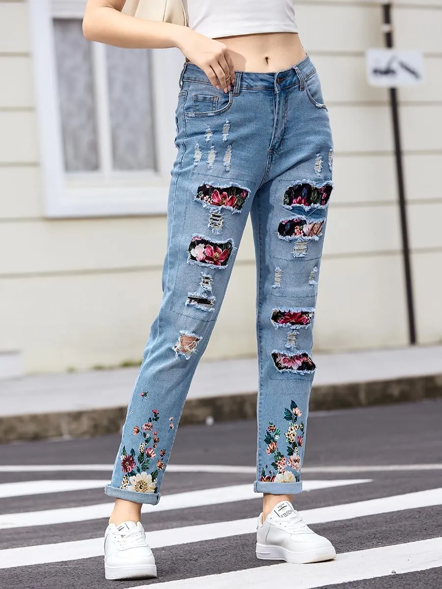 Women's Ripped Jeans Straight Leg Boyfriend Jeans Skinny Stretch Butt Lifting Jeans Slim Fit Denim Pants