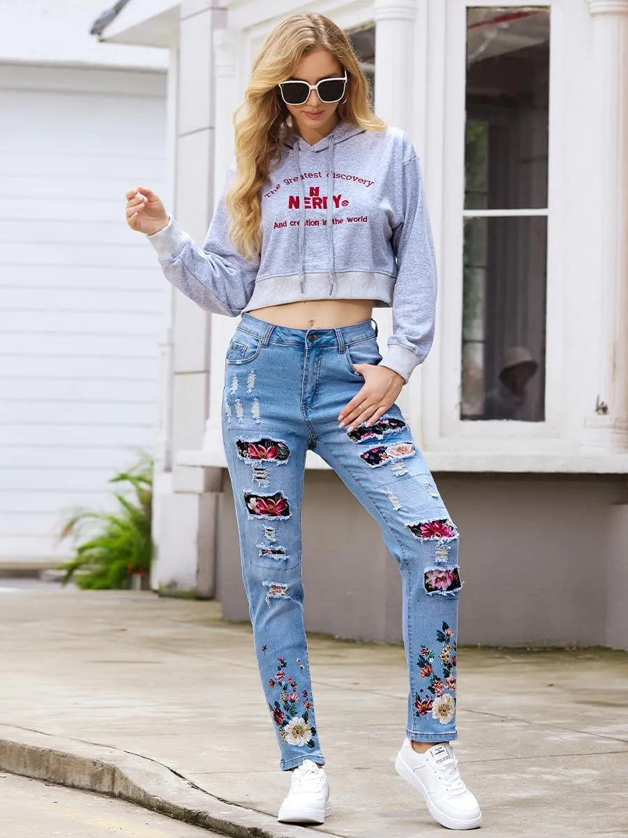 Women's Ripped Jeans Straight Leg Boyfriend Jeans Skinny Stretch Butt Lifting Jeans Slim Fit Denim Pants
