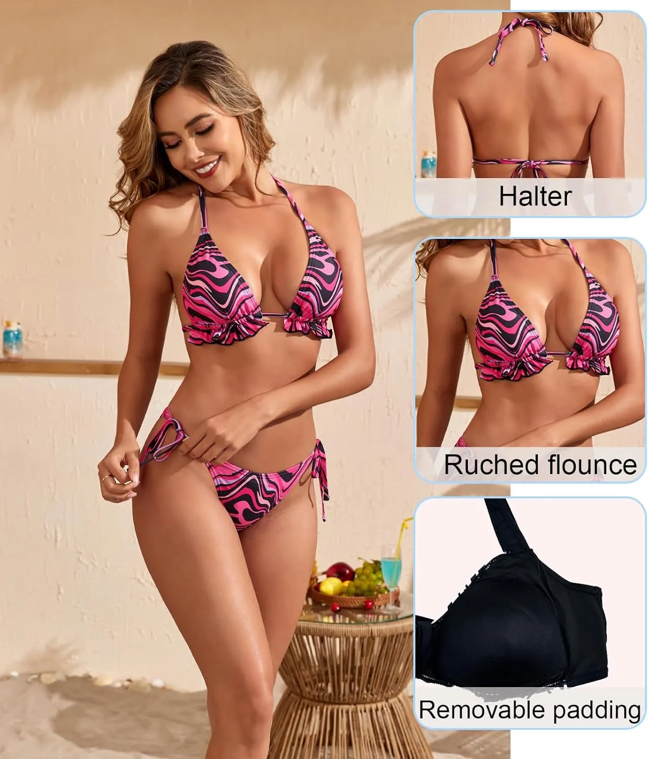 Women's Ruffled Flounce Halter String Triangle Bikini Sets Removable Bra Tie Side Two Piece Sexy Swimsuit