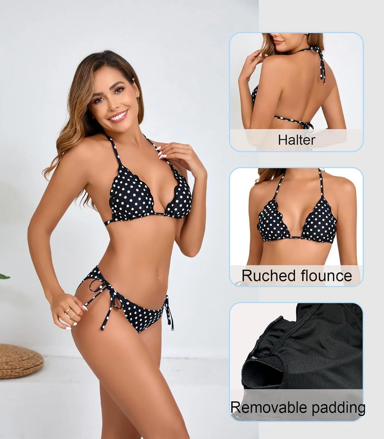 Women's Ruffled Flounce Halter String Triangle Bikini Sets Removable Bra Tie Side Two Piece Sexy Swimsuit