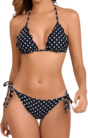 Women's Ruffled Flounce Halter String Triangle Bikini Sets Removable Bra Tie Side Two Piece Sexy Swimsuit